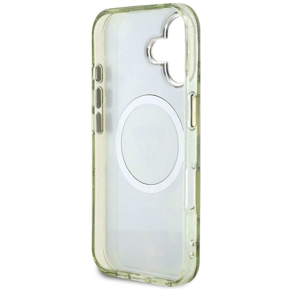 GUESS case for IPHONE 16 compatible with MagSafe GUHMP16SHFLPEDN (IML Metal Glitter Flowers Triangle) green