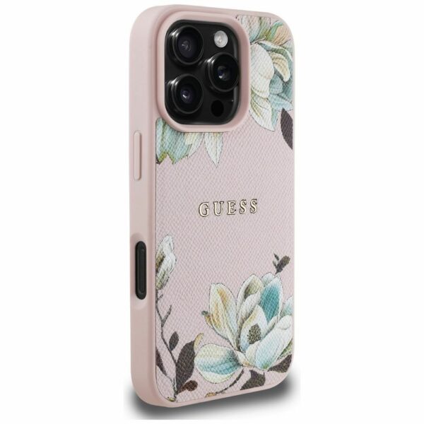 GUESS case for IPHONE 16 Pro compatible with MagSafe GUHMP16LPGNMPLMP (PU Grained Flowers Classic Logo) pink