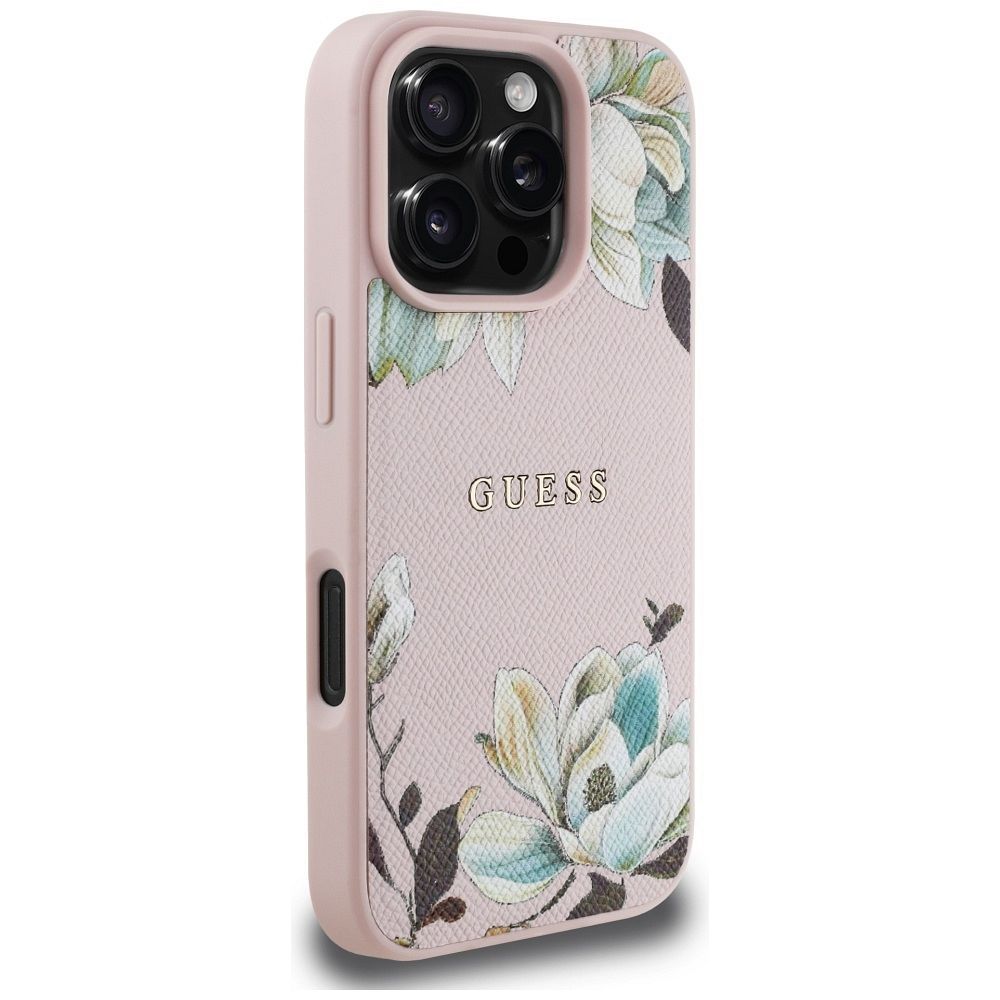 GUESS case for IPHONE 16 Pro compatible with MagSafe GUHMP16LPGNMPLMP (PU Grained Flowers Classic Logo) pink