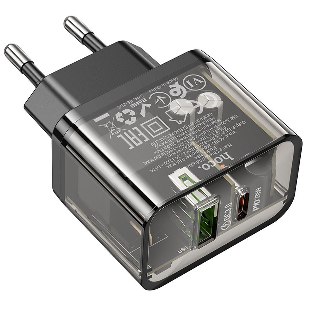 HOCO wall charger USB A + Type C PD QC3.0 3A 20W N34 transparent