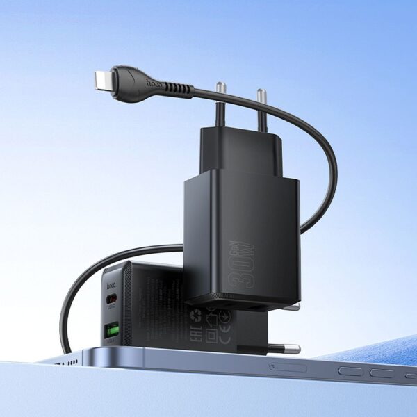 HOCO wall charger USB A + Type C + cable Type C to Type C 60W PD QC3.0 AFC 3A 30W N71 black