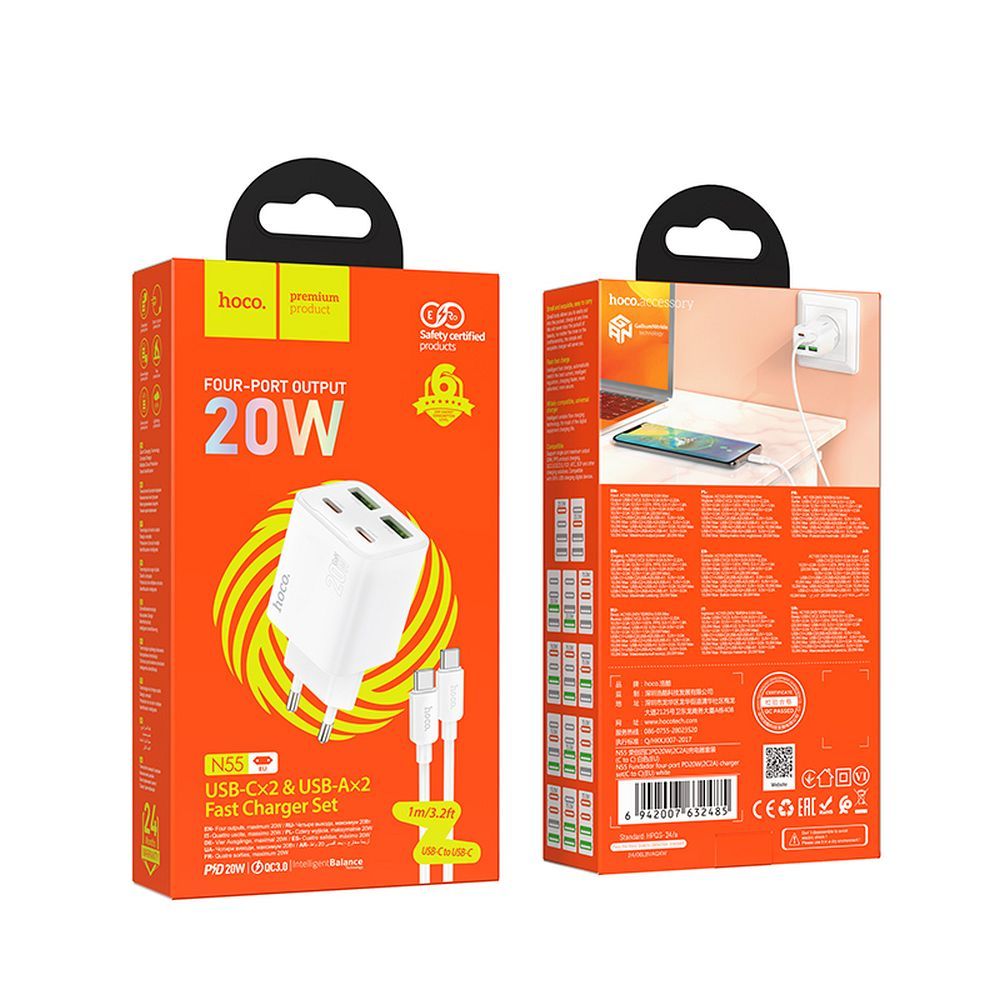 HOCO charger 2 x Type C + 2 x USB A + cable Type C to Type C PD QC3.0 3A 20W N55 white