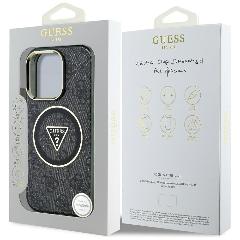 GUESS case for IPHONE 16 Pro compatible with MagSafe GUHMP16LHG4PRTGK (IML Metal Glitter 4G Circle Triangle) black