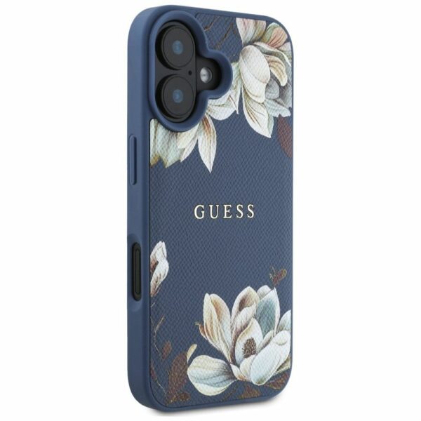 GUESS case for IPHONE 16 compatible with MagSafe GUHMP16SPGNMPLMB (PU Grained Flowers Classic Logo) blue