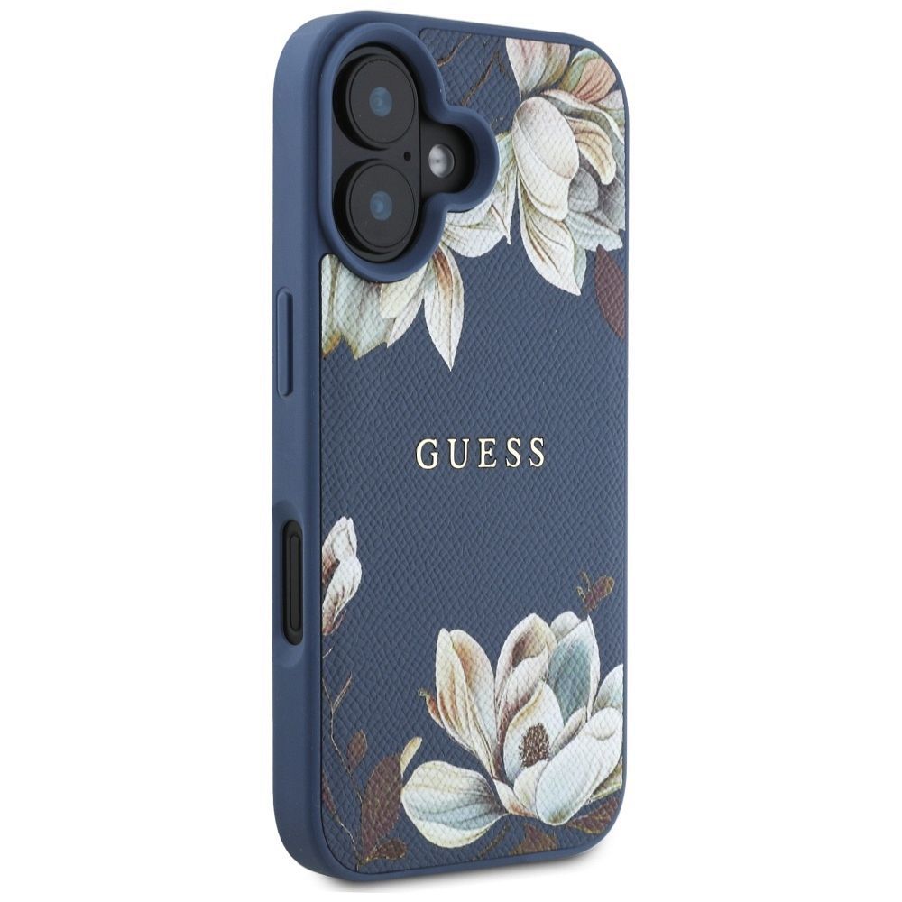 GUESS case for IPHONE 16 compatible with MagSafe GUHMP16SPGNMPLMB (PU Grained Flowers Classic Logo) blue