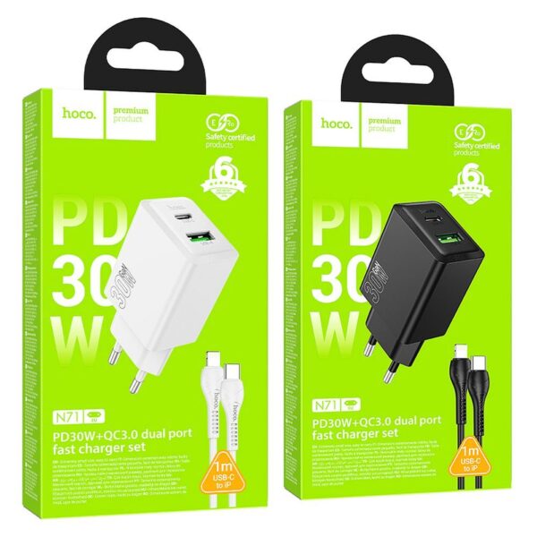 HOCO wall charger USB A + Type C + cable Type C to Type C 60W PD QC3.0 AFC 3A 30W N71 white