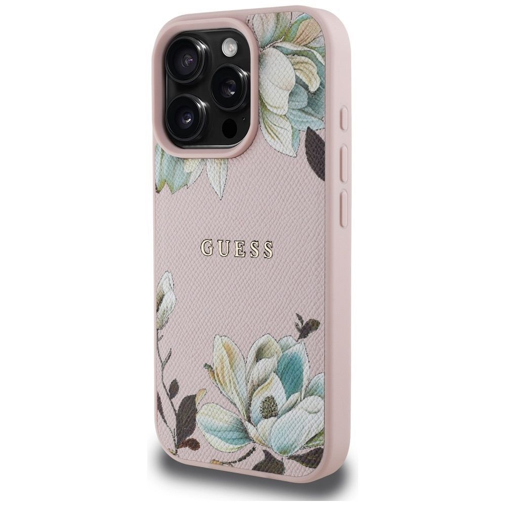 GUESS case for IPHONE 16 Pro compatible with MagSafe GUHMP16LPGNMPLMP (PU Grained Flowers Classic Logo) pink