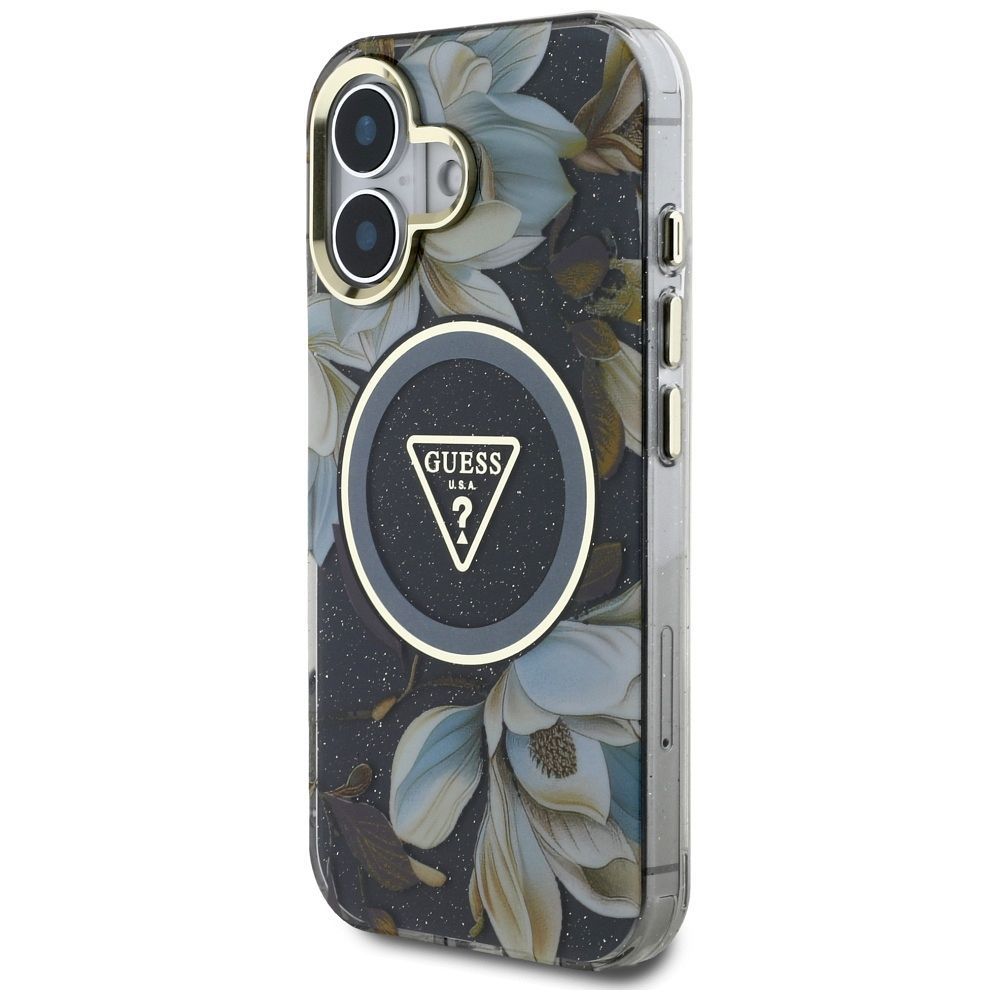 GUESS case for IPHONE 16 compatible with MagSafe GUHMP16SHFLPEDK (IML Metal Glitter Flowers Triangle) black