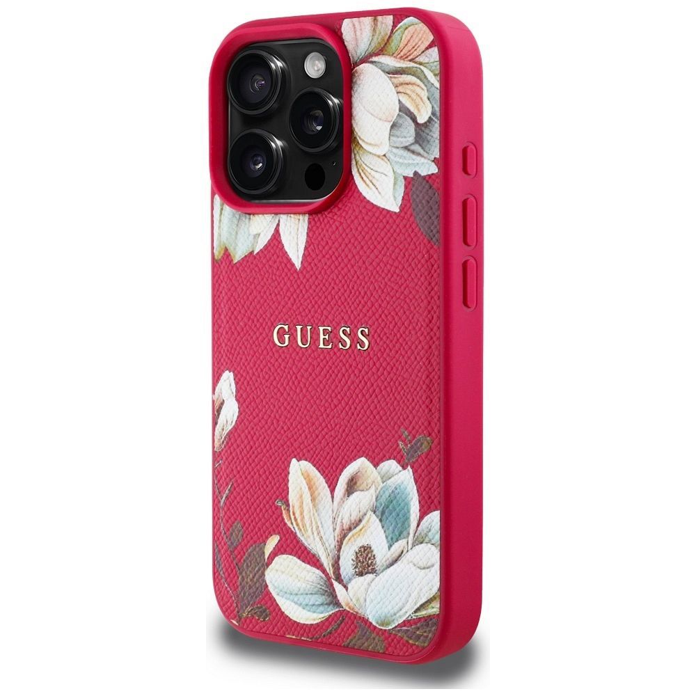 GUESS case for IPHONE 16 Pro compatible with MagSafe GUHMP16LPGNMPLMF (PU Grained Flowers Classic Logo) fuschia