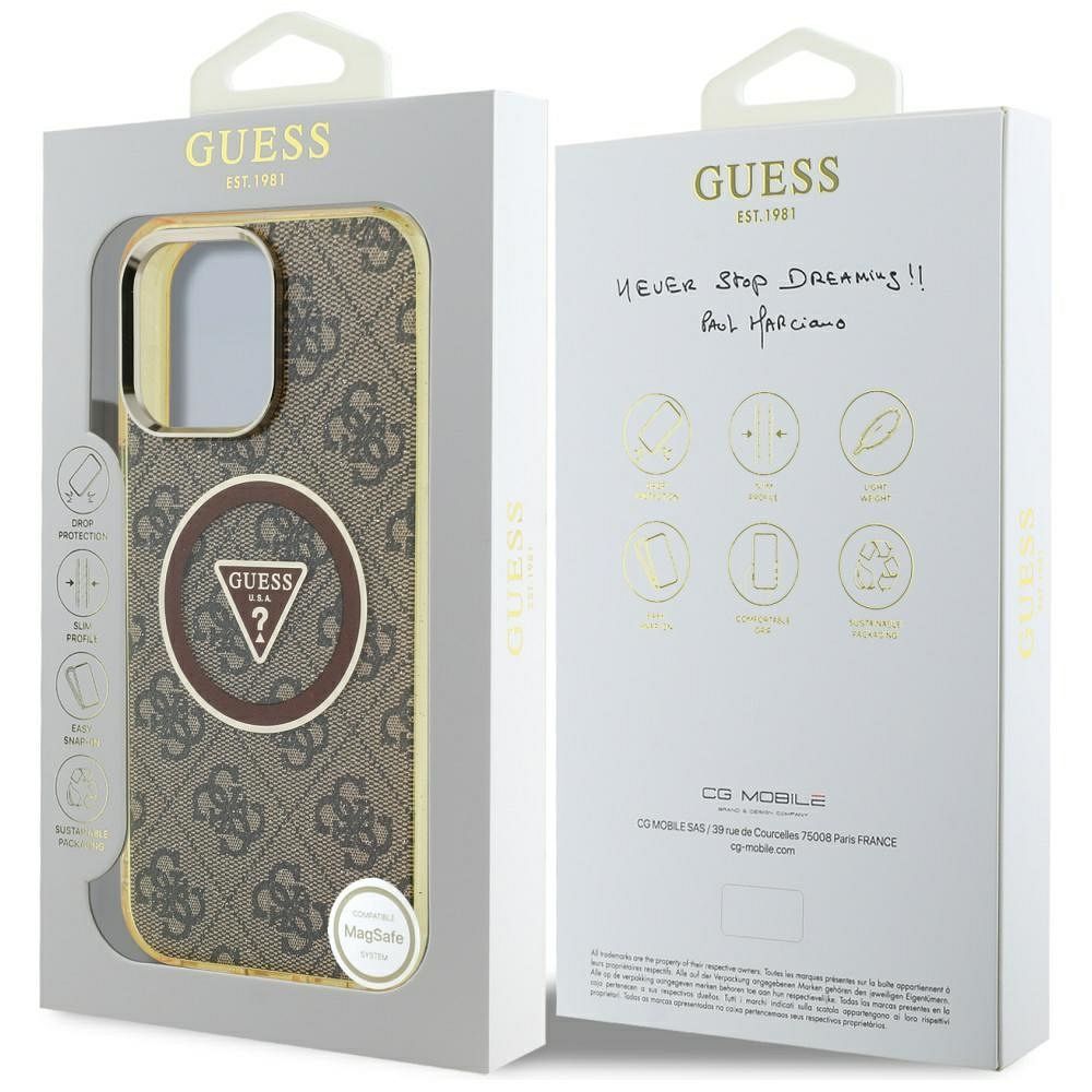 GUESS case for IPHONE 16 Pro compatible with MagSafe GUHMP16LHG4PRTGW (IML Metal Glitter 4G Circle Triangle) brown