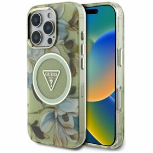GUESS case for IPHONE 16 Pro compatible with MagSafe GUHMP16LHFLPEDN (IML Metal Glitter Flowers Triangle) green