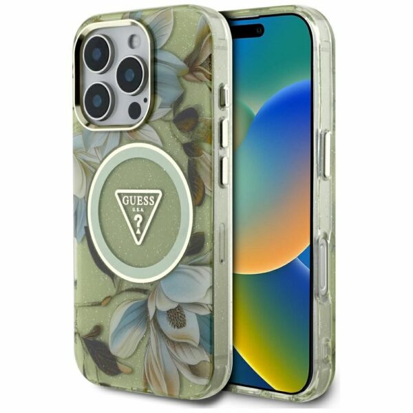 GUESS case for IPHONE 16 Pro compatible with MagSafe GUHMP16LHFLPEDN (IML Metal Glitter Flowers Triangle) green