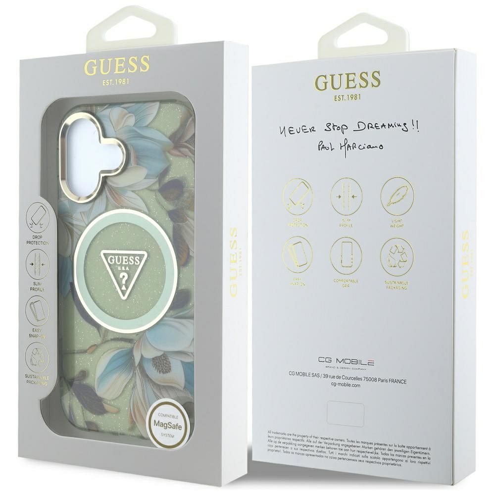 GUESS case for IPHONE 16 compatible with MagSafe GUHMP16SHFLPEDN (IML Metal Glitter Flowers Triangle) green