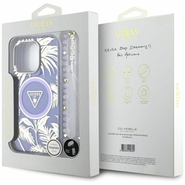 GUESS case for IPHONE 16 Pro compatible with MagSafe GUHMP16LHPCTPLSU (IML Palm Trees Triangle W/ Pearl Strap) purple