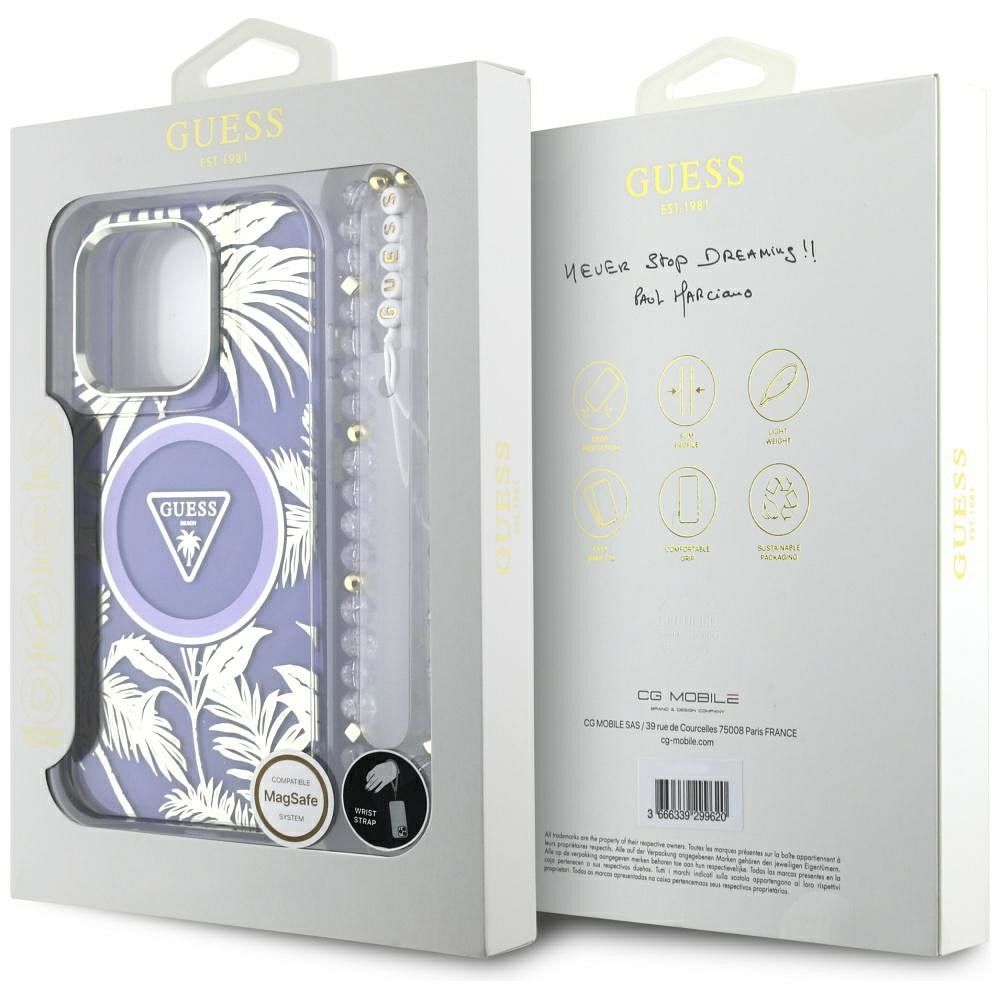 GUESS case for IPHONE 16 Pro compatible with MagSafe GUHMP16LHPCTPLSU (IML Palm Trees Triangle W/ Pearl Strap) purple