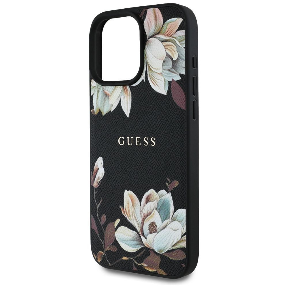 GUESS case for IPHONE 16 Pro compatible with MagSafe GUHMP16LPGNMPLMK (PU Grained Flowers Classic Logo) black