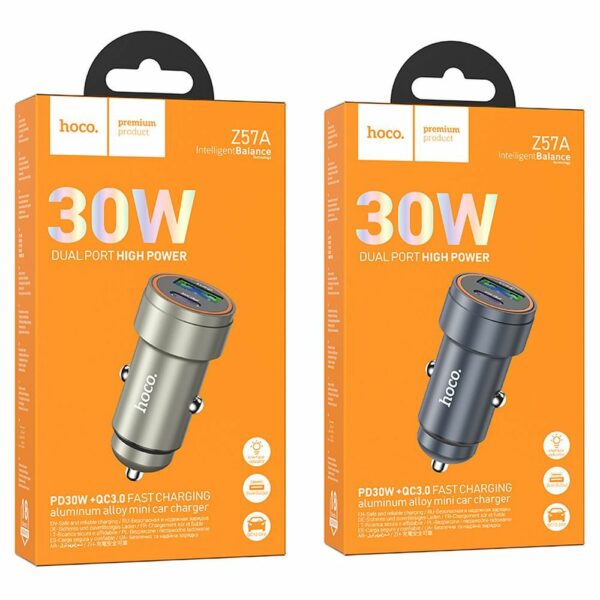 HOCO car charger USB A + Type C PD QC3.0 3A 30W Z57A metal gray