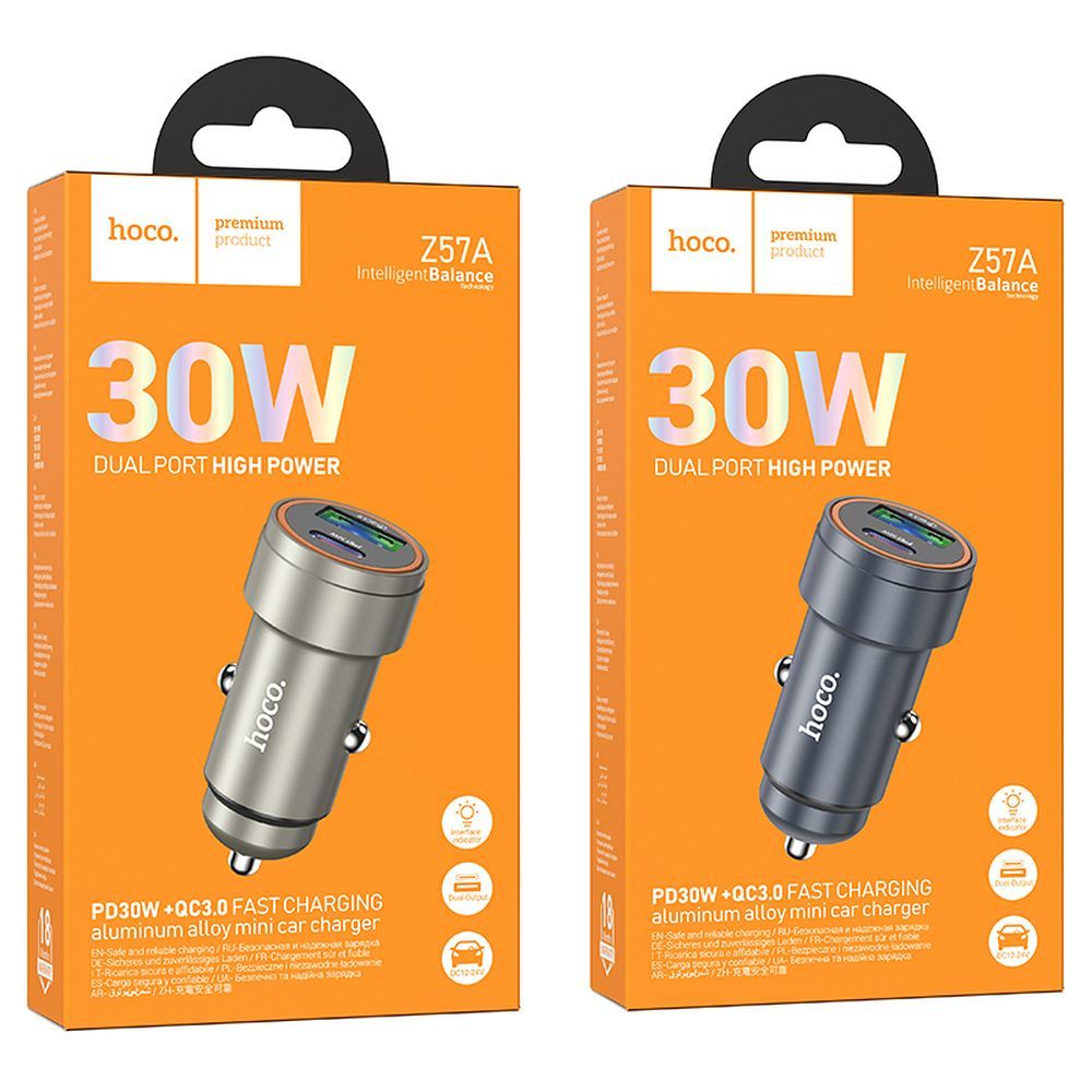 HOCO car charger USB A + Type C PD QC3.0 3A 30W Z57A metal gray