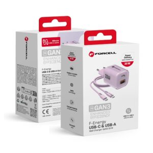 FORCELL F-ENERGY Crystal Color GaN III VT-41 travel charger with silicone cable with 1 x Type C + 1x USB A sockets, PD QC4.0 33W purple