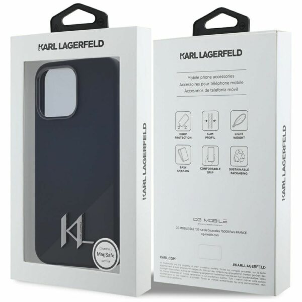 KARL LAGERFELD case for IPHONE 15 Pro Max compatible with MagSafe KLHMP15XSCMKMPCK (Silicone Initial Metal Logo) black