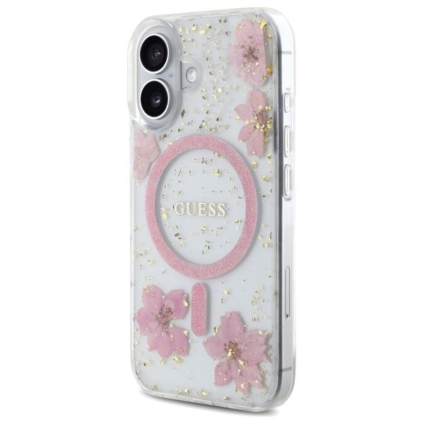 GUESS case for IPHONE 16 compatible with MagSafe GUHMP16SRBFGFGMP (Resin Flowers and Glitter) pink