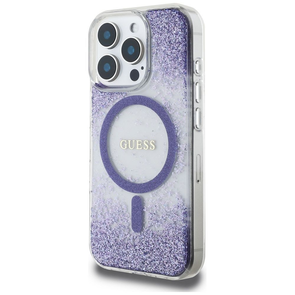 GUESS case for IPHONE 16 Pro Max compatible with MagSafe GUHMP16XRGRGEU (Resin Bottom Glitter) purple