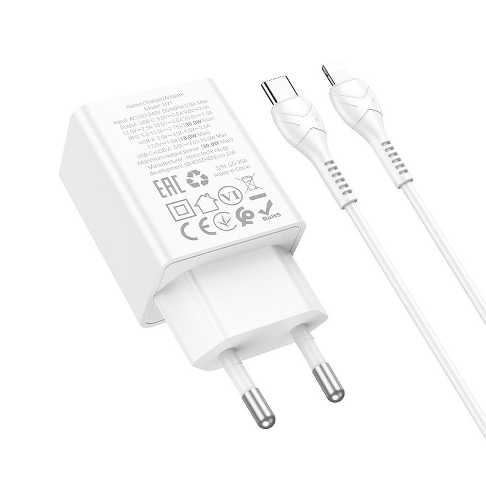 HOCO wall charger USB A + Type C + cable Type C to Type C 60W PD QC3.0 AFC 3A 30W N71 white