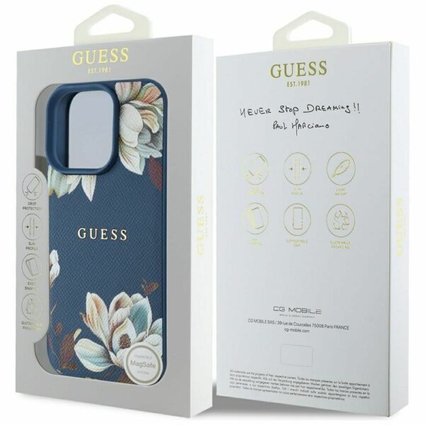 GUESS case for IPHONE 16 Pro compatible with MagSafe GUHMP16LPGNMPLMB (PU Grained Flowers Classic Logo) blue