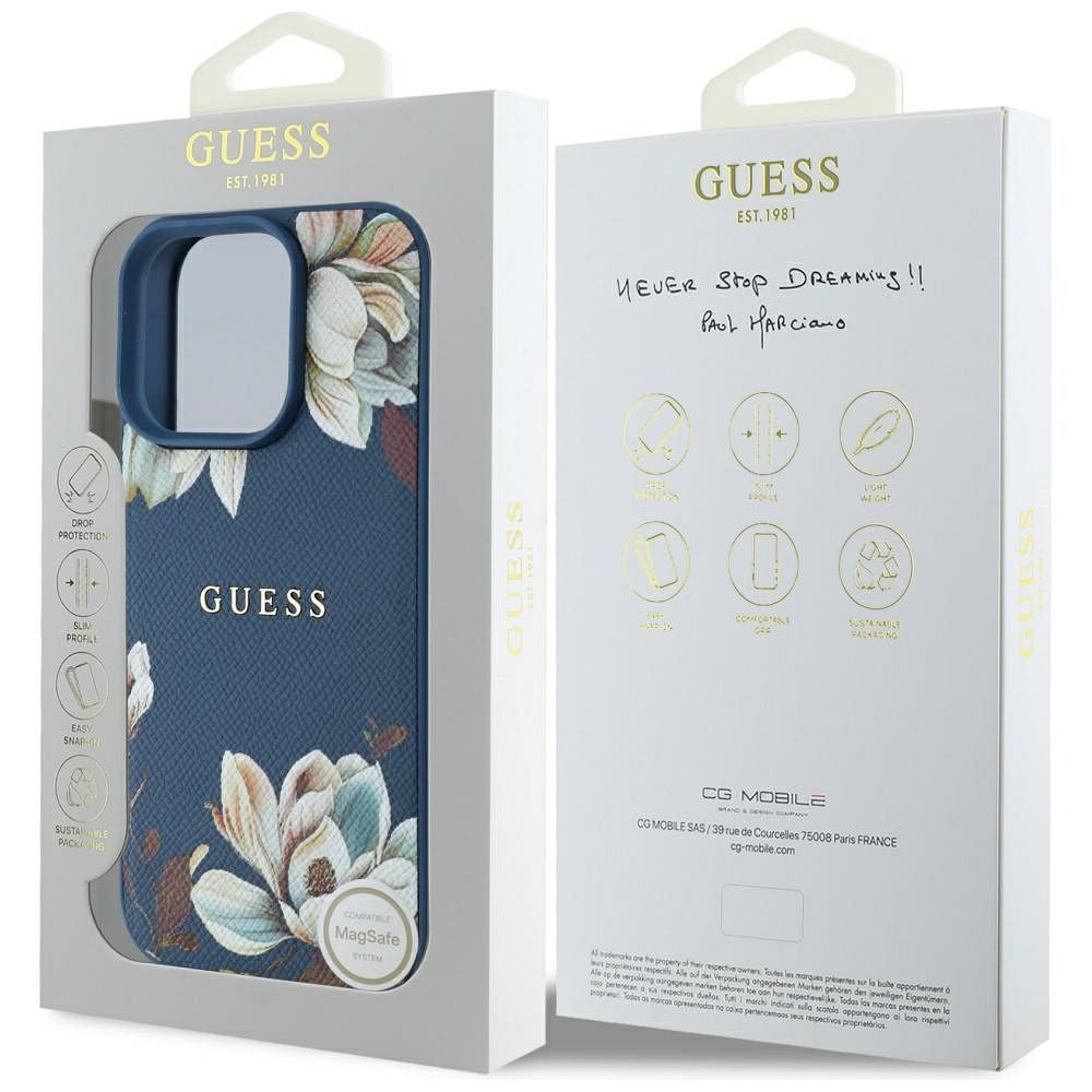 GUESS case for IPHONE 16 Pro compatible with MagSafe GUHMP16LPGNMPLMB (PU Grained Flowers Classic Logo) blue