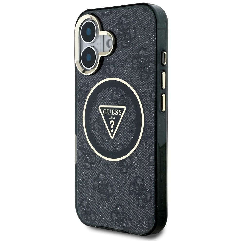 GUESS case for IPHONE 16 compatible with MagSafe GUHMP16SHG4PRTGK (IML Metal Glitter 4G Circle Triangle) black