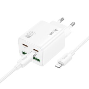 HOCO charger 2 x Type C + 2 x USB A + cable Type C to Lightning PD QC3.0 3A 30W N56 white