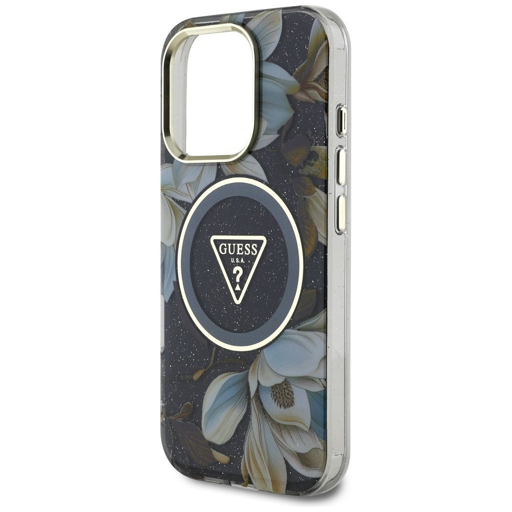 GUESS case for IPHONE 16 Pro compatible with MagSafe GUHMP16LHFLPEDK (IML Metal Glitter Flowers Triangle) black