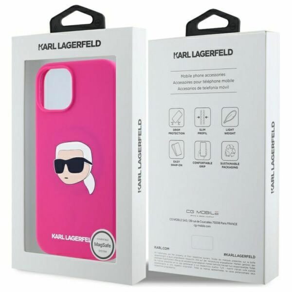 KARL LAGERFELD case for IPHONE 15 compatible with MagSafe KLHMP15SSKHPPLF (SIL KL Head Print) fuschia