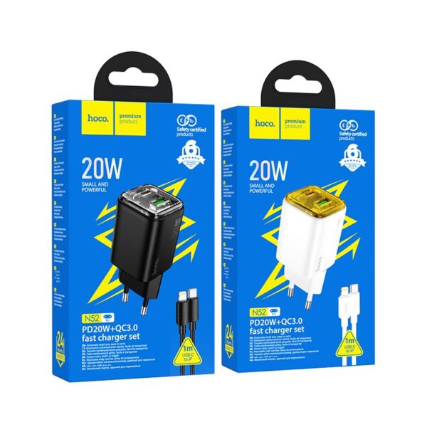 HOCO wall charger USB A + Type C + cable Type C to Lightning PD QC3.0 3A 20W N52 white