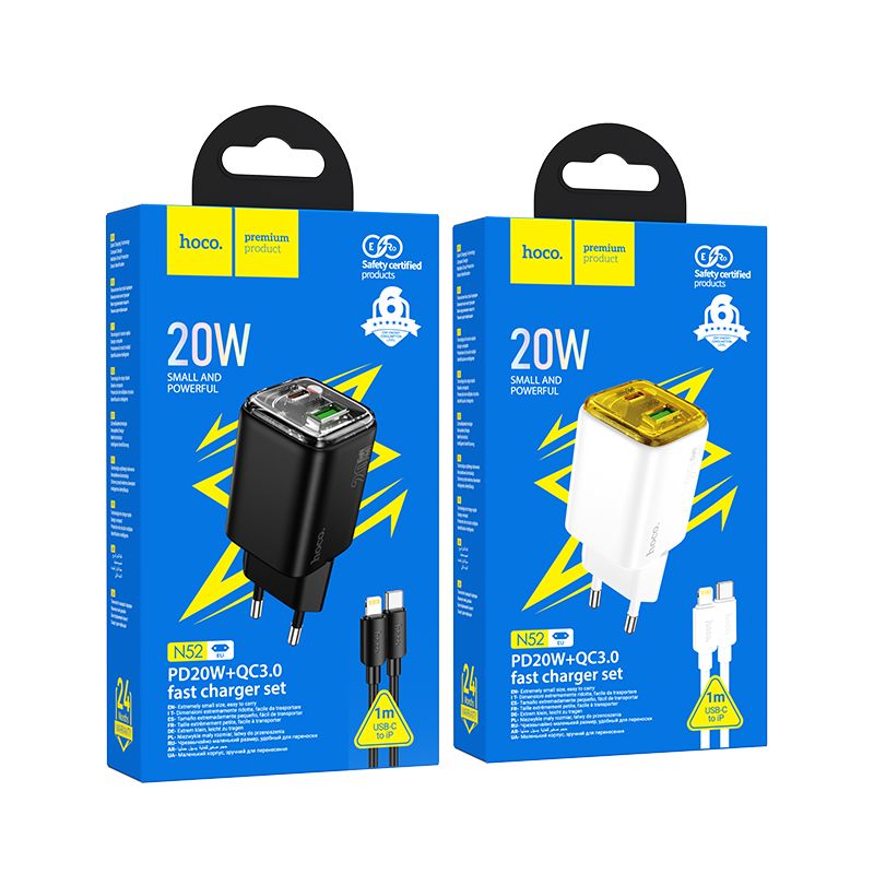 HOCO wall charger USB A + Type C + cable Type C to Lightning PD QC3.0 3A 20W N52 white
