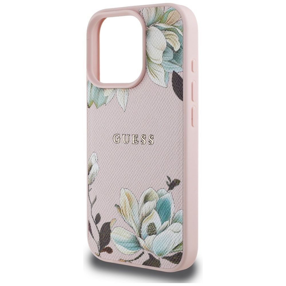 GUESS case for IPHONE 16 Pro compatible with MagSafe GUHMP16LPGNMPLMP (PU Grained Flowers Classic Logo) pink