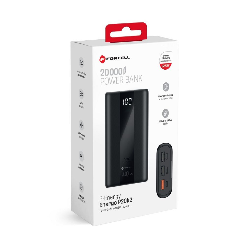 FORCELL F-ENERGY P20K2 Energo powerbank PD QC3.0 3A 22,5W 20000 mAh black