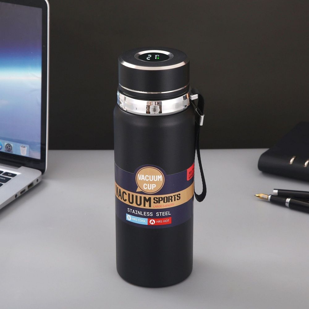 Water bottle with with display LED showing temperature 1000 ml black