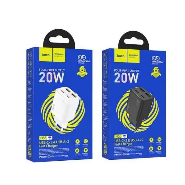 HOCO charger 2 x Type C + 2 x USB A PD QC3.0 3A 20W N55 black