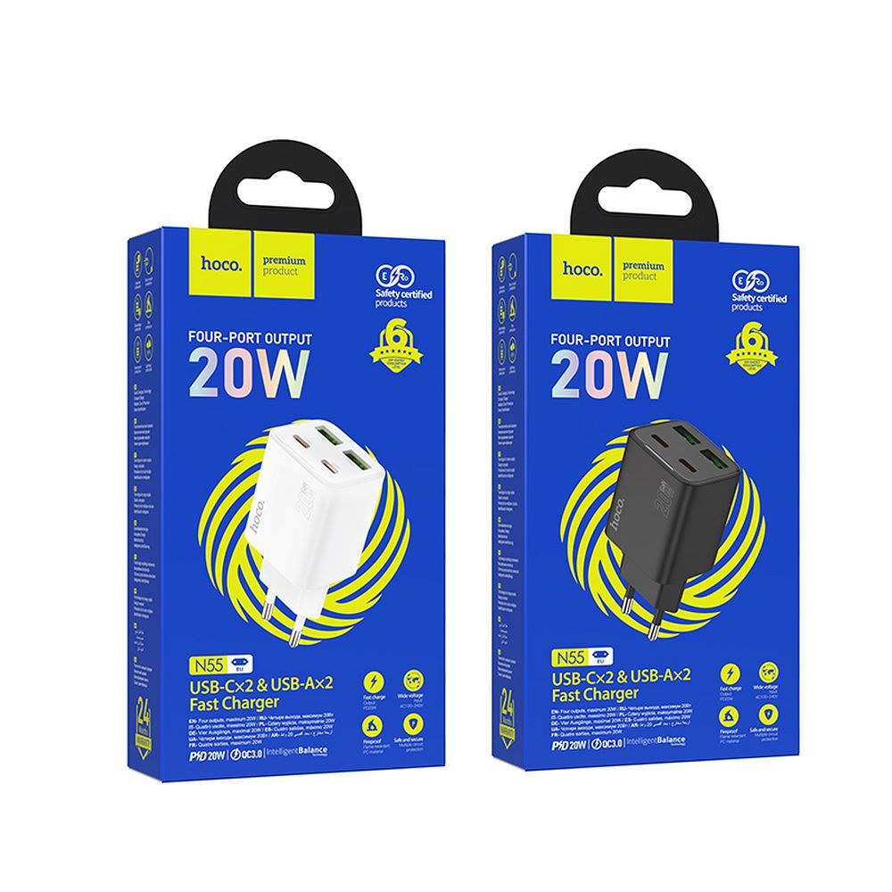 HOCO charger 2 x Type C + 2 x USB A PD QC3.0 3A 20W N55 black