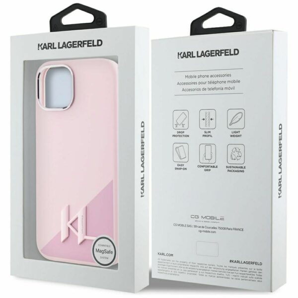 KARL LAGERFELD case for IPHONE 15 compatible with MagSafe KLHMP15SSCMKMPCP (Silicone Initial Metal Logo) pink