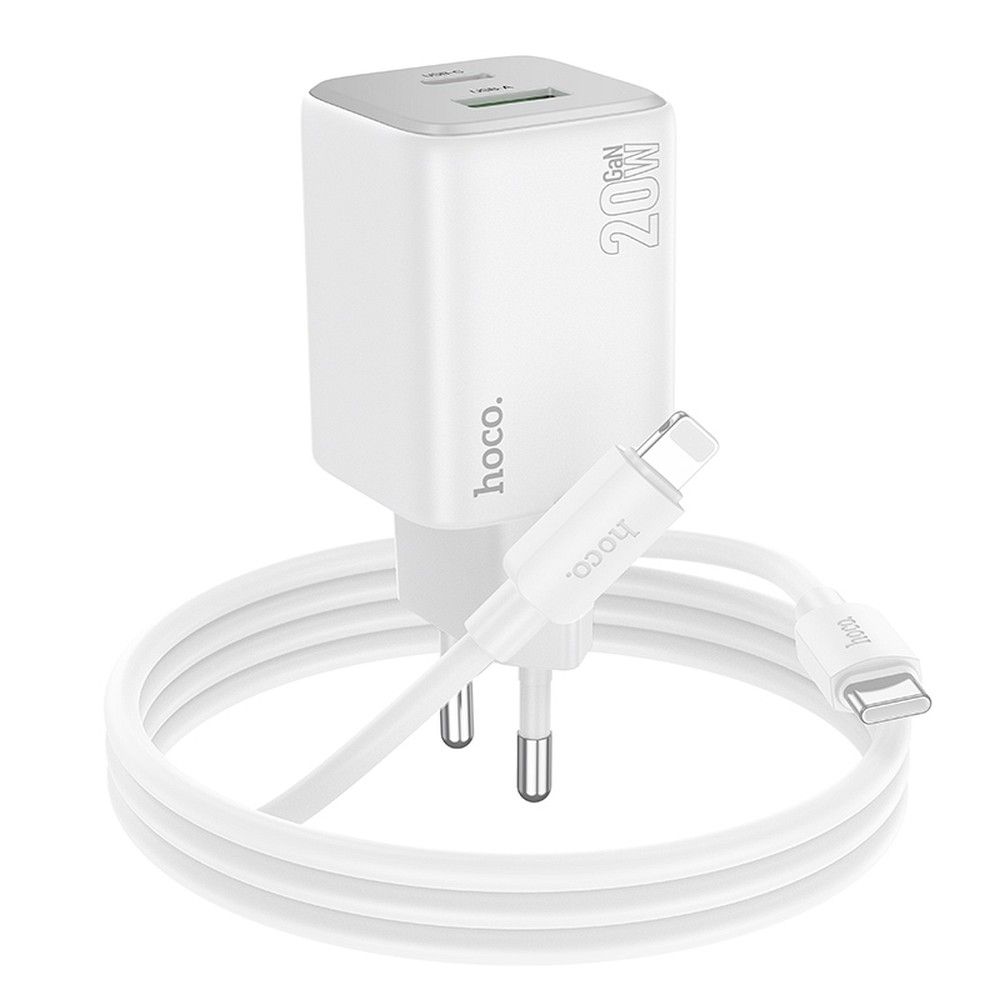 HOCO charger USB A + Type C + cable Type C to Lightning PD QC 3A 20W N41 white