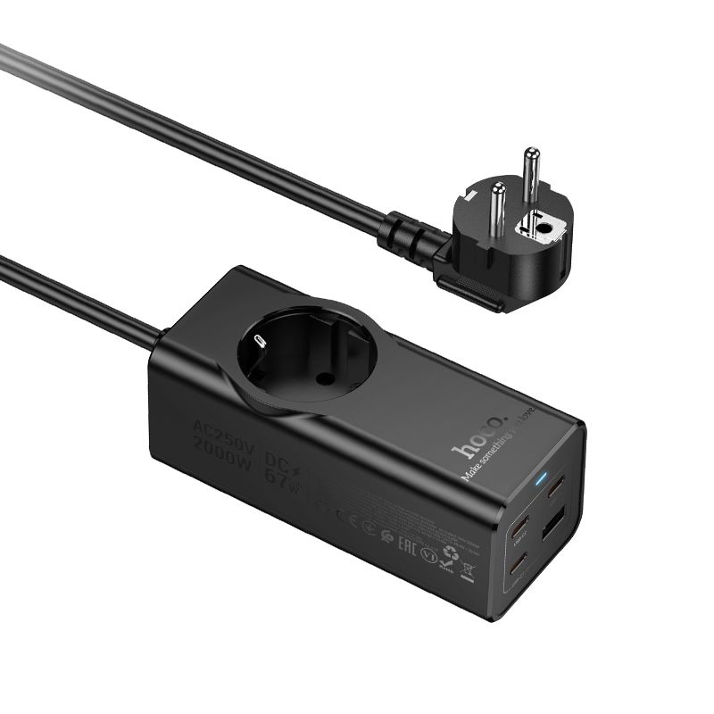 HOCO extension cord 1 socket + USB A + 3 x Type C PD QC3.0 3A 67W NS9 2 m black