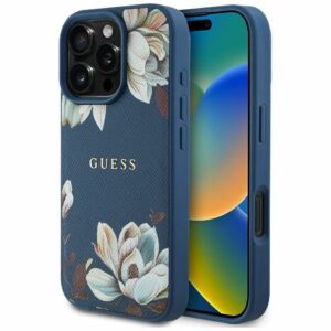 GUESS case for IPHONE 16 Pro compatible with MagSafe GUHMP16LPGNMPLMB (PU Grained Flowers Classic Logo) blue