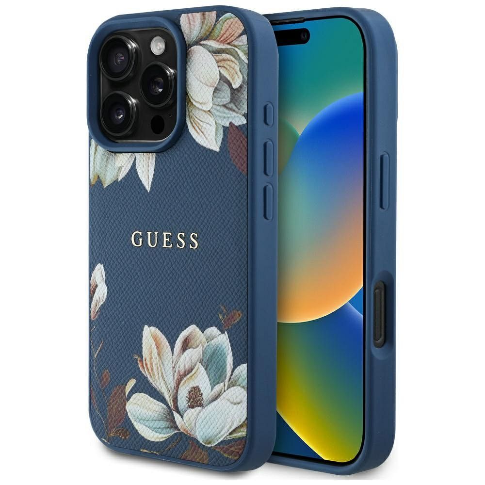 GUESS case for IPHONE 16 Pro compatible with MagSafe GUHMP16LPGNMPLMB (PU Grained Flowers Classic Logo) blue