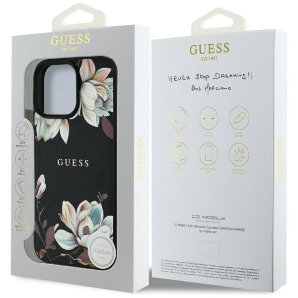 GUESS case for IPHONE 16 Pro Max compatible with MagSafe GUHMP16XPGNMPLMK (PU Grained Flowers Classic Logo) black