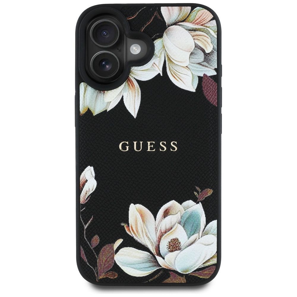 GUESS case for IPHONE 16 compatible with MagSafe GUHMP16SPGNMPLMK (PU Grained Flowers Classic Logo) black