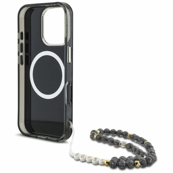 GUESS case for IPHONE 16 Pro Max compatible with MagSafe GUHMP16XHPCTPLSK (IML Palm Trees Triangle W/ Pearl Strap) black