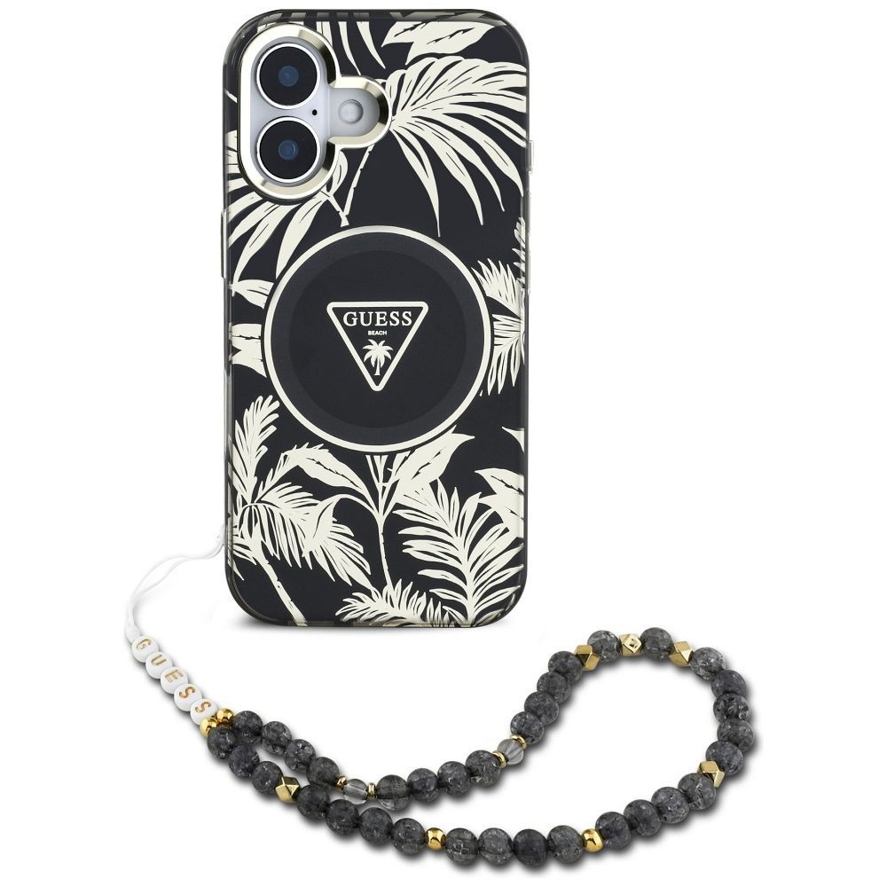 GUESS case for IPHONE 16 compatible with MagSafe GUHMP16SHPCTPLSK (IML Palm Trees Triangle W/ Pearl Strap) black