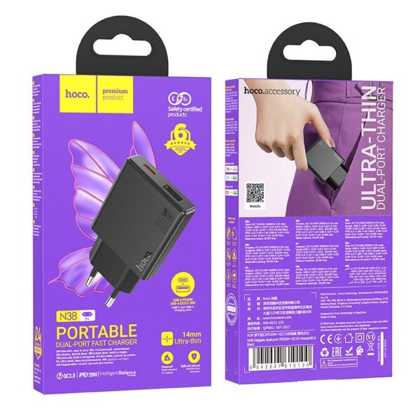 HOCO slim wall charger USB A + Type C PD QC3.0 3A 20W N38 black